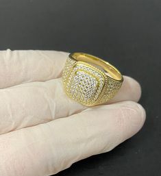 * Condition: 100% Brand New * Material: 925 Sterling Silver/14K Gold Finish * Ring Color: Gold * Ring Diamond Color: Clear *Ring Face part Size: approx.16x13mm * Weight : approx.8grams * High Polish * With 925 Stamped *Will never tarnish or turn your hand green *Free Gift Box Fine Jewelry Cubic Zirconia Signet Ring Stamped 14k, Gold Diamond Cluster Ring Stamped 14k, Stamped 14k Cubic Zirconia Ring, 14k Stamped Cubic Zirconia Jewelry For Promise Ring, Gold Cluster Ring With Cubic Zirconia Stamped 14k, Gold Sterling Silver Rings With Diamond Cut, Gold Diamond Cut Sterling Silver Rings, Hallmarked Gold Signet Ring With Cubic Zirconia, Gold Sterling Silver Signet Ring With Diamond Accents