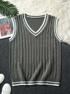 Men's Loose Knitted V-Neck Stripe Sweater Vest, Casual Style For Autumn/Winter Dark Grey Casual  Sleeveless Knitwear Colorblock,Striped  Slight Stretch  Men Clothing, size features are:Bust: ,Length: ,Sleeve Length: Style For Autumn, Winter Dark, Knitwear Men, Inspiration Mode, Men Clothing, Estilo Casual, Sweater Vest, Stripe Sweater, Women Clothes Sale