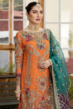 Look Beautiful in Luxury Embroidered Pakistani Party Dress Long Kameez Gharara Suit, a Stunning Masterpiece Pakistani Salwar Kameez Style Gharara Suit. Semi-stitched Orange Dress With Intricate Embroidery, Orange Georgette Sharara For Wedding, Orange Semi-stitched Sharara For Eid, Orange Sharara With Sheer Dupatta For Eid, Orange Chinon Sharara For Eid, Elegant Orange Sharara For Eid, Chinon Sharara With Intricate Embroidery For Party, Festive Sharara With Intricate Embroidery For Eid, Orange Chinon Sharara For Wedding