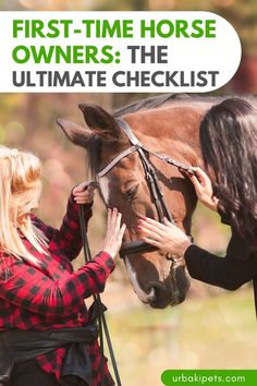 two women petting a horse with the caption first - time horse owners the ultimate checklist