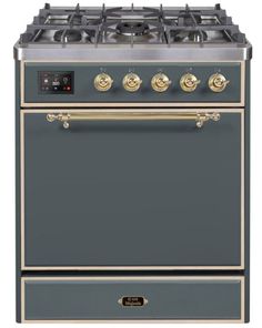 a gray and gold stove with two burners on the front, and one oven door open