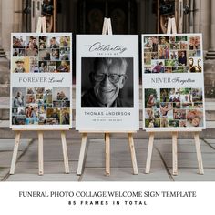 Large Funeral Photo Collage Sign Set Templates Canva, Memorial Collage Poster, Celebration of Life Sign, Photo Collage Funeral Welcome Sign Honor the life and memories of your loved one with this thoughtful set of funeral photo collage sign templates. Created with compassion and care, these Canva editable templates offer a beautiful way to celebrate a life well-lived. Featuring space for cherished photos and customizable text, these large collage signs serve as a touching tribute and welcome guests to the celebration of life. Whether displayed at the entrance or as part of a memorial display, these collage signs help preserve precious memories and create a comforting atmosphere for all who attend. >> HERE'S WHAT YOU WILL RECEIVE: A PDF Instructions file to access your template(s) on Canva Table Arrangements For Celebration Of Life, Memorial Wall For Wedding, Memorial Picture Board Ideas, Photo Displays For Funerals, Celebration Of Life Memorial Table Decor, Celebration Of Life Reception Ideas, Celebration Of Life Welcome Sign, Simple Celebration Of Life Ideas, Memorial Service Ideas Decor