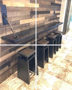 four different views of a bench and some stools in front of a wooden wall