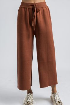 Chic comfort is just a few clicks away! These sweater knit pants can go from loungewear to workwear, depending on how you style them. Pair them with a pullover and sneakers, or dress them up with a sweater and flats! The high-quality viscose blend fabric is opaque and stretchy. Comfortable Brown Bottoms For Fall, Versatile Pull-on Style Sweatpants For Fall, Versatile Straight Sweatpants For Fall, Brown Knit Bottoms For Loungewear, Comfortable Brown Fall Pants, Brown Knit Loungewear Bottoms, Brown Wide Leg Sweatpants For Fall, Brown Wide-leg Sweatpants For Fall, Brown Loungewear Pants With Ribbed Waistband