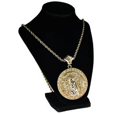 Jesus piece huge hip hop medallion pendant rope chain necklace. Gold finish over a high quality base metal. Huge round medal pendant measures an imposing 2.75 inches in diameter. Encrusted with round-cut bling stones for a dazzling shine that will impress. 30 inch long by 4MM rope chain necklace. Chunky piece weighs a solid 110 grams. Enjoy 100% FREE SHIPPING in the USA. Rope Chain Necklace Gold, Huge Hips, Jesus Piece, Chain Necklace Gold, Rope Chain Necklace, Necklace Chunky, Hip Hop Jewelry, Rope Chain, New Yorker