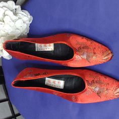 Red Satin Embroidery Flats With A Small Heel Euro Size 37 Usa 5 To 5.5 Beautiful Flats Never Worn Handmade Chinese Wedding Shoes, Colorful Wedding Shoes, Embroidery Flats, Satin Embroidery, Chinese Wedding, Red Satin, Shoes Color, Loafer Flats, Flat Shoes Women