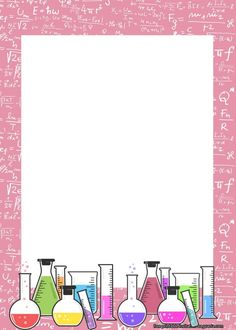 a pink background with science flasks and writing on the bottom right corner is an image of a sheet of paper