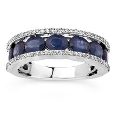 Elegance personified! Featured with shimmering oval cut blue sapphires set amidst a diamond illuminated frame of 14K white gold, this eternity band will definitely be a conversation starter wherever you go! Sapphire Anniversary Ring, Sapphire Anniversary, Diamond Band Ring, Jared The Galleria Of Jewelry, Diamond Rings Bands, Natural Blue Sapphire, Blue Gemstones, Diamond Band, Eternity Band