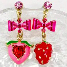 Betsey Johnson Cubic Zirconia Strawberry And Heart Earrings For Sale! These Earrings Are So Cute! They Are Made For Pierced Ears And Are Around 1 Inch Tall, And Around 1/2 Inch Wide. They Have A Strawberry On One Earring And A Beautiful Pink Heart With Cubic Zirconia Stones For Detailing. Such Beautiful Earrings To Add To Your Jewelry Collection! General Mills, One Earring, Earrings For Sale, Funky Jewelry, Cream Roses, Betsey Johnson Jewelry, Betsy Johnson, Gorgeous Shoes, Fashion Board