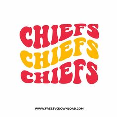 the words chefs chiefs written in red, yellow and orange colors on a white background