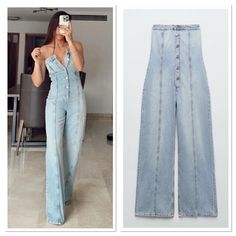 New With Tag. Blogger's Favorite Zara Trf Strapless Denim Jumpsuit Strapless Jumpsuit With Straight Neckline. Front Metal Button Closure. Outer Shell 100% Cotton Approximate Measurement Laying Flat Pit To Pit 15.5” Waist 16” Length 52” Inseam 31” Blue 8197/059 This Item Run Small 344 Jumpsuit Vintage, Jumpsuit And Blazer, Belted Romper, Zara Jumpsuit, Flare Jumpsuit, Light Jeans, Linen Jumpsuit, Knit Jumpsuit, Strapless Jumpsuit