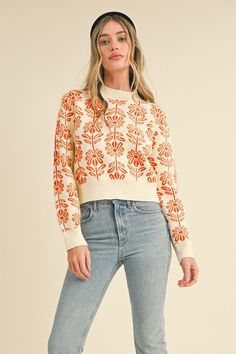 Dive right into effortless style with our Floral Pattern Knit Sweater. The ribbed high round neckline, hem, and cuffs add a touch of sophistication to this comfortable pullover. Perfect for staying cozy during the colder months, while still looking chic. Get ready to bloom in this fun, floral design! Fit: TTS Fabric: 50% Viscose, 30% Acrylic, 20% Polyester Crew Neck Cropped Sweater With Ribbed Cuffs For Fall, Relaxed Fit Knit Top With Ribbed Neckline For Fall, Fall Cropped Sweater With Textured Knit And Crew Neck, Casual Knit Top With Ribbed Cuffs For Fall, Fall Cropped Sweater With Ribbed Crew Neck, Fall Cropped Crew Neck Sweater With Ribbed Neckline, Cozy Fall Sweater With Ribbed Neckline, Spring Cropped Knit Sweater With Ribbed Neckline, Spring Turtleneck Knit Cropped Sweater