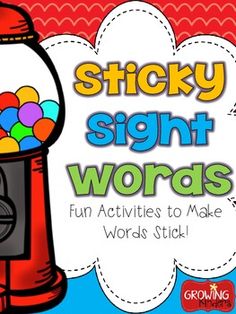 a red gummy machine with the words sticky sight words in front of it and an image of a gummy machine