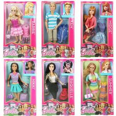 four barbie dolls are shown in the same package as they appear to be for sale