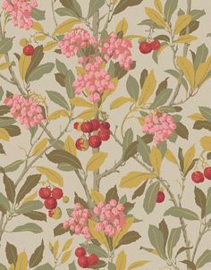 a floral wallpaper with red berries and green leaves on the top of it, as well as pink flowers