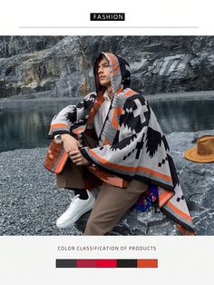 1pc Geometric Pattern Acrylic Hooded Poncho Cape For Couples,Oversized & Thickened Multi-Function Shawl Scarf With Slit,Spring Summer Autumn Winter Black and White,Multicolor,Orange,Red,Dark Grey    Acrylic Geometric   All Men Accessories, size features are:Bust: ,Length: ,Sleeve Length: Winter Black And White, Ribbed Knit Bodysuit, Spring Summer Autumn Winter, Hooded Cape, Hooded Poncho, Knit Bodysuit, Red Dark, Poncho Cape, Shawl Scarf