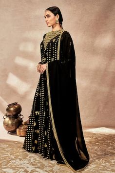 Black anarkali with foil print and gota embroidered yoke. Paired with an embroidered dupatta. - Aza Fashions Black Anarkali Kurta With Embroidered Border, Black Anarkali Embroidered Fabric With Dupatta, Fitted Black Embroidered Anarkali Set, Black Anarkali With Intricate Embroidery, Fitted Black Anarkali Embroidered Fabric, Black Anarkali, Foil Print, Anarkali, Aza Fashion