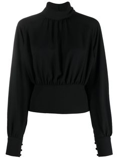 black mock neck wide sleeves fitted-cuff sleeves buttoned cuffs straight hem Conscious: This item is made from at least 50% recycled or upcycled materials. For recycled synthetic clothing products we highly recommend using a microfibre-catching washing bag to ensure that no microplastics that can pollute water are released in the process. Spring Mock Neck Top For Workwear, Elegant Black Mock Neck Top For Spring, Black Blouse With Elastic Sleeves For Work, Black Workwear Blouse With Smocked Cuffs, Elegant Black Mock Neck Top For Work, Black Workwear Top With Smocked Cuffs, Black Tops With Elastic Sleeves For Work, Chic High Neck Tops With Ribbed Cuffs, Chic Black Top With Cuffed Sleeves