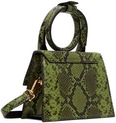 Snake-embossed calfskin shoulder bag in green. · Press-stud tab at extendable rolled carry handle · Adjustable and detachable shoulder strap · Logo hardware at face · Magnetic press-stud flap · Card slot at interior · Cotton twill lining · H5 x W7 x D3 Part of the La Casa collection. Supplier color: Green Green Top Handle Satchel With Adjustable Strap, Green Top Handle Shoulder Bag With Adjustable Strap, Luxury Green Satchel With Handles, Green Top Handle Shoulder Bag, Green Leather Shoulder Bag With Adjustable Handle, Green Satchel With Adjustable Double Handle, Green Top Handle Bag With Gold-tone Hardware, Green Handheld Satchel With Gold-tone Hardware, Luxury Green Shoulder Bag With Adjustable Handle