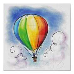 a painting of a hot air balloon flying in the sky with numbers below it and underneath it