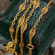 This lovely ornate station link necklace is crafted of rich 18k yellow gold and measures 26 inches in length. The c-ring clasp has been replaced recently to ensure durability iwht long term wear. Vintage Necklaces, Waist Chain, Link Necklace, Diy Earrings, Vintage Necklace, Chain Necklace, Jewelry Necklaces, Yellow Gold, Necklaces