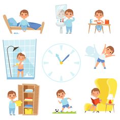 children in different rooms and furniture set - people characters