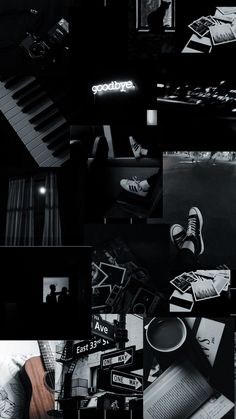 black and white photo collage with music instruments, books, coffee mugs and other items