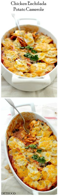 two pictures of different types of food in pans with the words chicken enchilada potato casserole