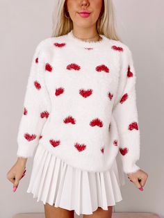 Loving Life Heart Sweater | Sassy Shortcake | sassyshortcake.com Sassy Shortcake, Cherry Sweater, Painted Pictures, White Eyelashes, Black White Outfit, Heart Fashion, Loving Life, Heart Sweater, Valentines Outfits