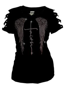 "So~~ Cute BLING BLING  Bling Bling Rhinestones T-Shirt \"Faith with Wings Christian\" Bling T-Shirt, Ripped Cut Out Short Sleeve Size ; S~4X Choose Size   S, M, L, XL 1XL, 2XL, 3XL ,4XL Great Deal !!  Color ; Black  95% Cotton 5% Spandex Bust (Laying flat, Armpit to Armpit): (Small)  16 \" (Medium)  17 \" (Large)  18 \" ( XL)   19 \" (1XL)  20 \" (2XL)  23 \" (3XL)  25 \" (4XL)  26 \"" Rhinestone Graphic Tee With Crew Neck, Casual Rhinestone Crew Neck Top, Rhinestone Cotton Tops With Short Sleeves, Cotton Rhinestone Short Sleeve Top, Casual Crew Neck Top With Rhinestones, Cotton Short Sleeve Top With Rhinestones, Cotton Tops With Rhinestones And Short Sleeves, Summer Short Sleeve Tops With Rhinestones, Summer Rhinestone Short Sleeve Tops