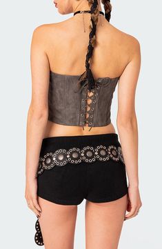 The structured allure of a corset meets the edginess of faux leather in a strapless crop top designed with delineated cups and princess seams. Adjustable back tie closure 100% polyester Machine wash, line dry Imported Crop Top Designs, Strapless Crop Top, Corset Crop Top, Leather Corset, Princess Seams, Princess Seam, Nordstrom Store, Anniversary Sale, New Shoes