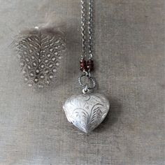 Photo Locket Necklace, January Birthstone Locket, Garnet Locket, Sterling Silver Locket, Silver Hear Vintage Adjustable Jewelry With Heart Charm, Vintage Jewelry With Adjustable Heart Charm, Antique Silver Heart Locket Jewelry, Antique Silver Engraved Jewelry For Valentine's Day, Antique Silver Engraved Heart Jewelry, Engraved Spiritual Locket Necklace For Valentine's Day, Engraved Antique Silver Jewelry For Valentine's Day, Valentine's Day Vintage Etched Jewelry, Vintage Etched Heart Pendant Jewelry