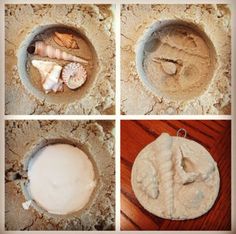 four different pictures of seashells and sand in a bowl on a table top