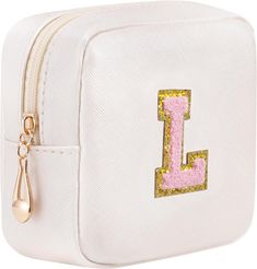 HBselect Preppy Initial Makeup Bag, Chenille Letter Patch Small L, White Product Details Product Dimensions: 4.92 x 1.97 x 4.72 inches Item Weight: 2.08 ounces Department: Women/Girls Country of Origin: China Premium Material: HBselect initial make up bag made by premium PU leather that is waterproof, fade-resistant and easy to clean. The zipper is smooth to use, which look pretty, open and close the makeup travel bag smooth and easily. Personalized Design: The small cosmetic bag features a gold glitter chenille patch which is stitched securely to the bag and with your initial for a personalized style. The words on the preppy travel bags' surface can help you classify objects eaisly. Portable Size: The mini makeup bag measures 4.92in x 4.72in x 1.97in, similar size of your hand for easy st Preppy Travel Bags, Preppy Travel, Makeup Travel Bag, Mini Makeup Bag, Small Cosmetic Bag, Chenille Patch, Small Cosmetic Bags, Makeup Travel, Mini Makeup