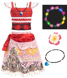 a woman's outfit is shown with bracelets, necklace and flower headband