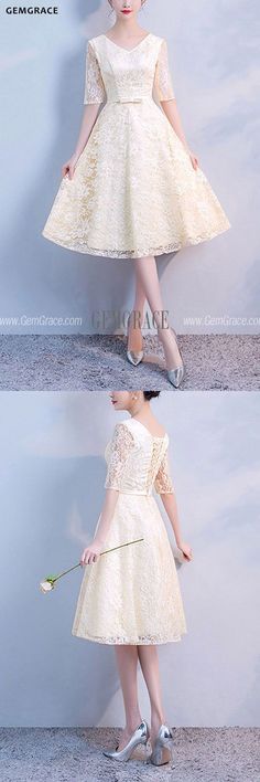 10% off now|Free shipping world-wide. Champagne Vneck Lace Knee Length Party Dress With Sleeves at GemGrace. Click to learn our pro custom-made service for wedding dress, formal dress. View #WeddingGuestDresses for more ideas. Cream Knee-length Lace Dress, Beige V-neck Lace Dress For Party, Beige Lace Dress With Short Sleeves For Party, Beige Short Sleeve Lace Party Dress, Party Dress With Sleeves, Party Dresses With Sleeves, Best Wedding Guest Dresses, Dress With Sleeves, For Wedding Dress