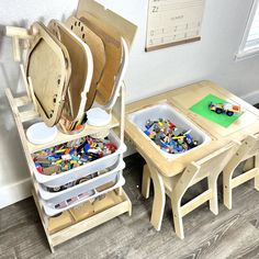 two children's wooden tables and chairs with legos in the trays on them