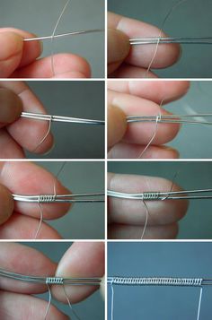 four pictures show the process of making an earring with metal wire and thread, as well as how to do it