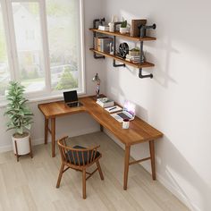 a computer desk in the corner of a room next to a window with open shelves