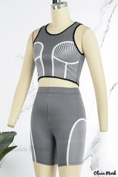 Olivia Mark - Stylish Pink Street Sportswear: Striped Contrast O Neck Sleeveless Two-Piece Set Grey Street, Pink Street, Activewear Sets, Two Piece Sets, Olivia Mark, Neck Designs, Two Pieces, Active Wear, Two Piece