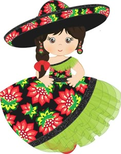 a mexican girl in a green dress and sombrero with poinsettis