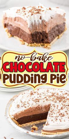 there is a chocolate pudding pie on the plate