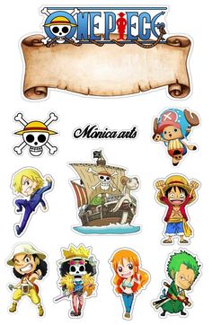 one piece stickers with pirate characters and scroll on it's bottom corner, in the