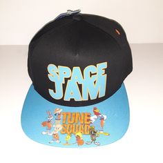 Space Jam Snapback Hat Brand New Adjustable Brimmed Snapback Hat For Streetwear, Adjustable Brimmed Baseball Cap For Streetwear, Casual Snapback Hat For Streetwear, Black Retro Fitted Hat With Flat Brim, Casual Brimmed Snapback Hat For Streetwear, Urban Adjustable Brimmed Hat, Casual Streetwear Snapback Hat, Black Fun Snapback Hat With Curved Brim, Retro Black Snapback Fitted Hat