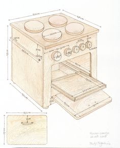 a drawing of an oven with drawers and knobs on the front, side by side