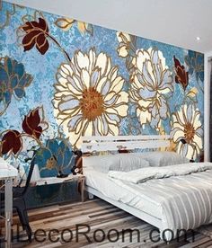 a bed room with a neatly made bed next to a wallpapered flower pattern