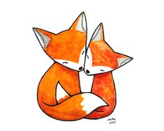 two foxes hugging each other on a white dish towel with orange and yellow colors in the background