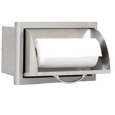 a white toilet paper dispenser sitting on top of a counter next to a roll of tissue