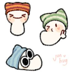 three stickers with different faces and hats on them