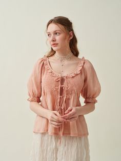 Blouse Puff Sleeve, Pastel Shirt, Victorian Blouse, Ruffle Linen, Frill Blouse, Blouse Summer, Shades Of Peach, Elegant Sophisticated, Warm Weather Outfits